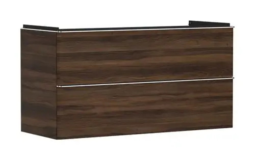 Hansgrohe Waschtischunterschrank in dunkler Holzoptik mit zwei Schubkästen. Das Möbelstück bietet Stauraum und ist zur Montage unter einem Waschtisch geeignet.